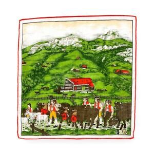 Alba Swiss Handkerchief Cotton Green Red Print Farmers Cows Goats Mountains Vtg